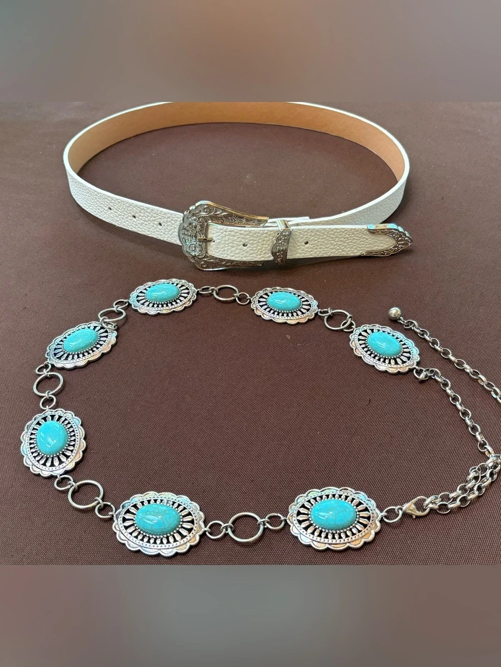 White Leather Western Belt with Turquoise Concho Chain Belt - Picture 1 of 6